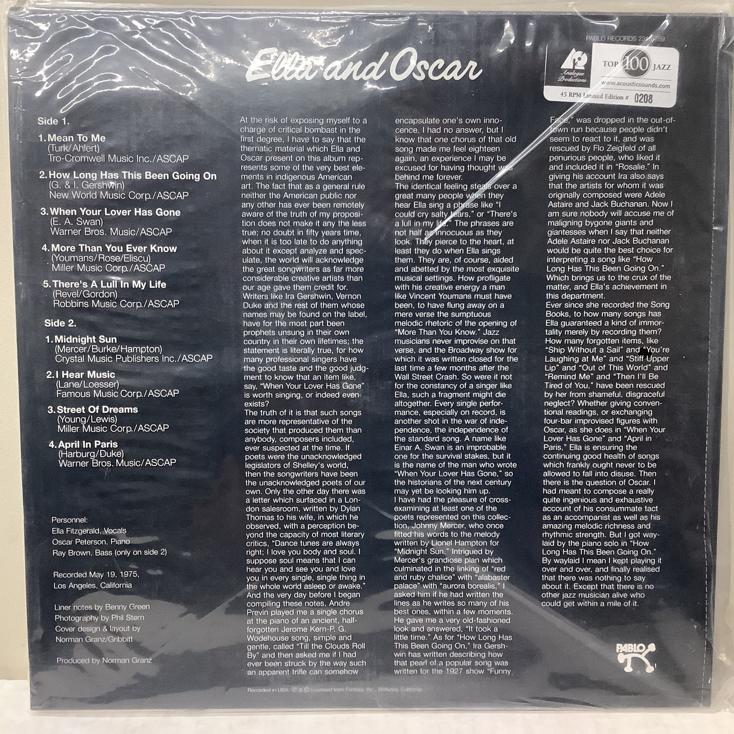 Ella Fitzgerald/Oscar Peterson - Ella & Oscar - Analogue Productions 45RPM 2x LP Vinyl Record Hub