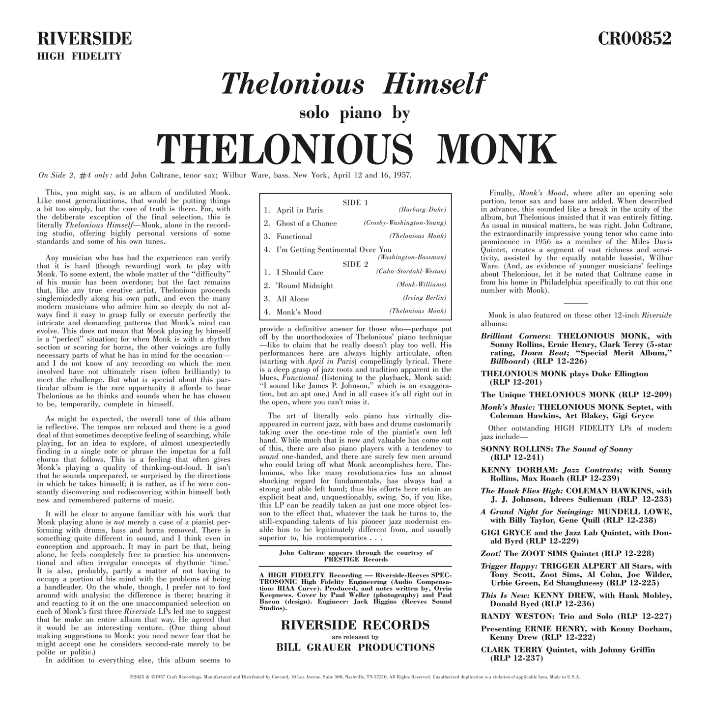 Thelonious Monk - Thelonious Himself - OJC LP Vinyl Record Hub