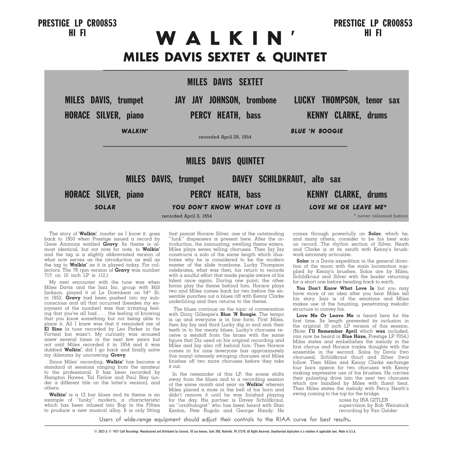 Miles Davis - Walkin' - OJC LP Vinyl Record Hub