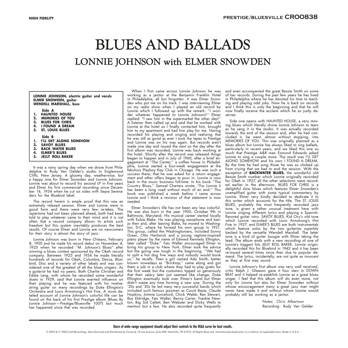 Lonnie Johnson - Blues & Ballads - Bluesville Acoustic Sound Series LP Vinyl Record Hub