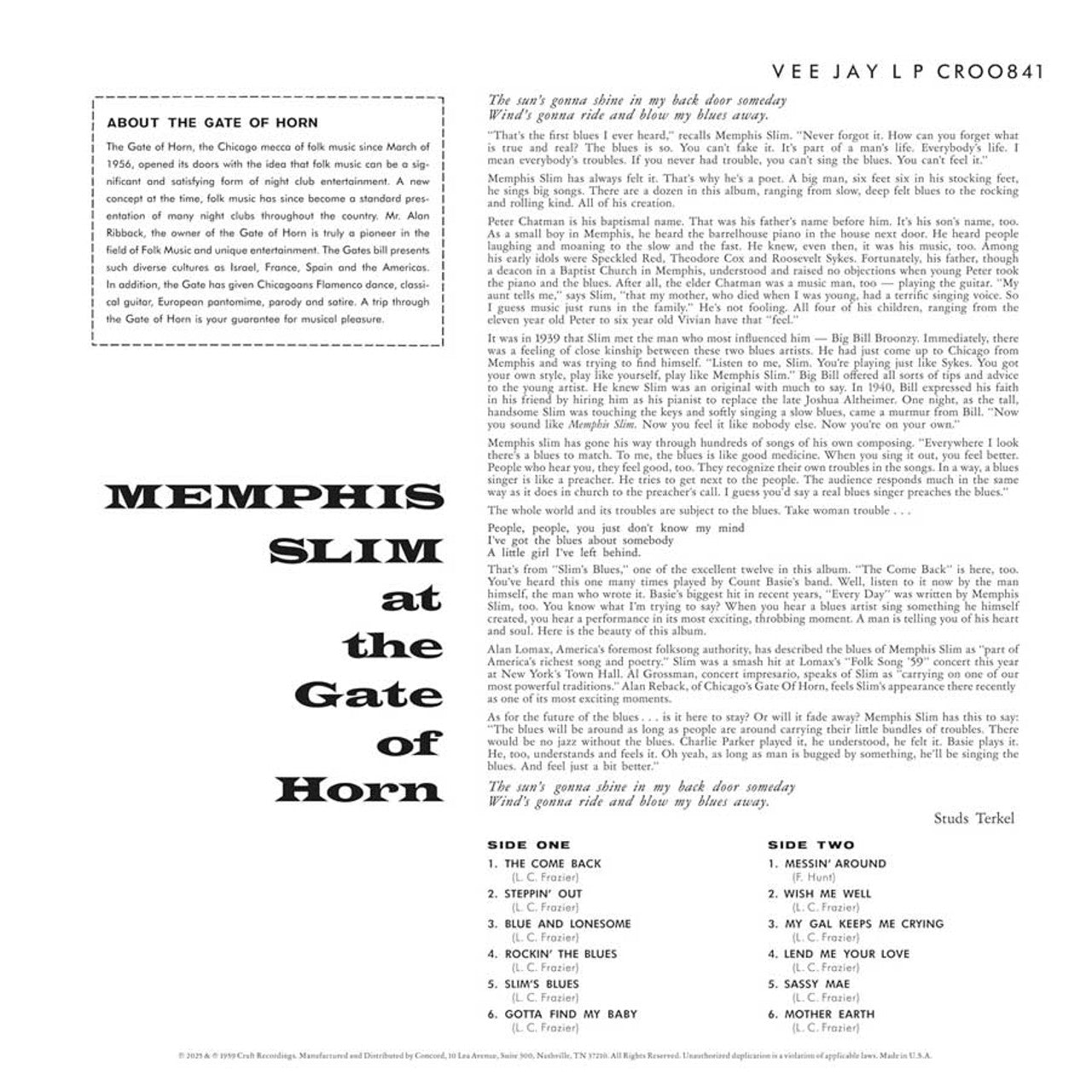 Memphis Slim - At the Gate of Horn - Bluesville Acoustic Sounds Series  LP Vinyl Record Hub