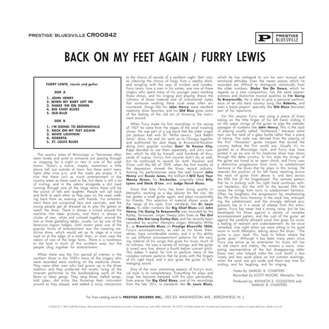 Furry Lewis - Back on My Feet Again - Bluesville Acoustic Sounds Series LP Vinyl Record Hub