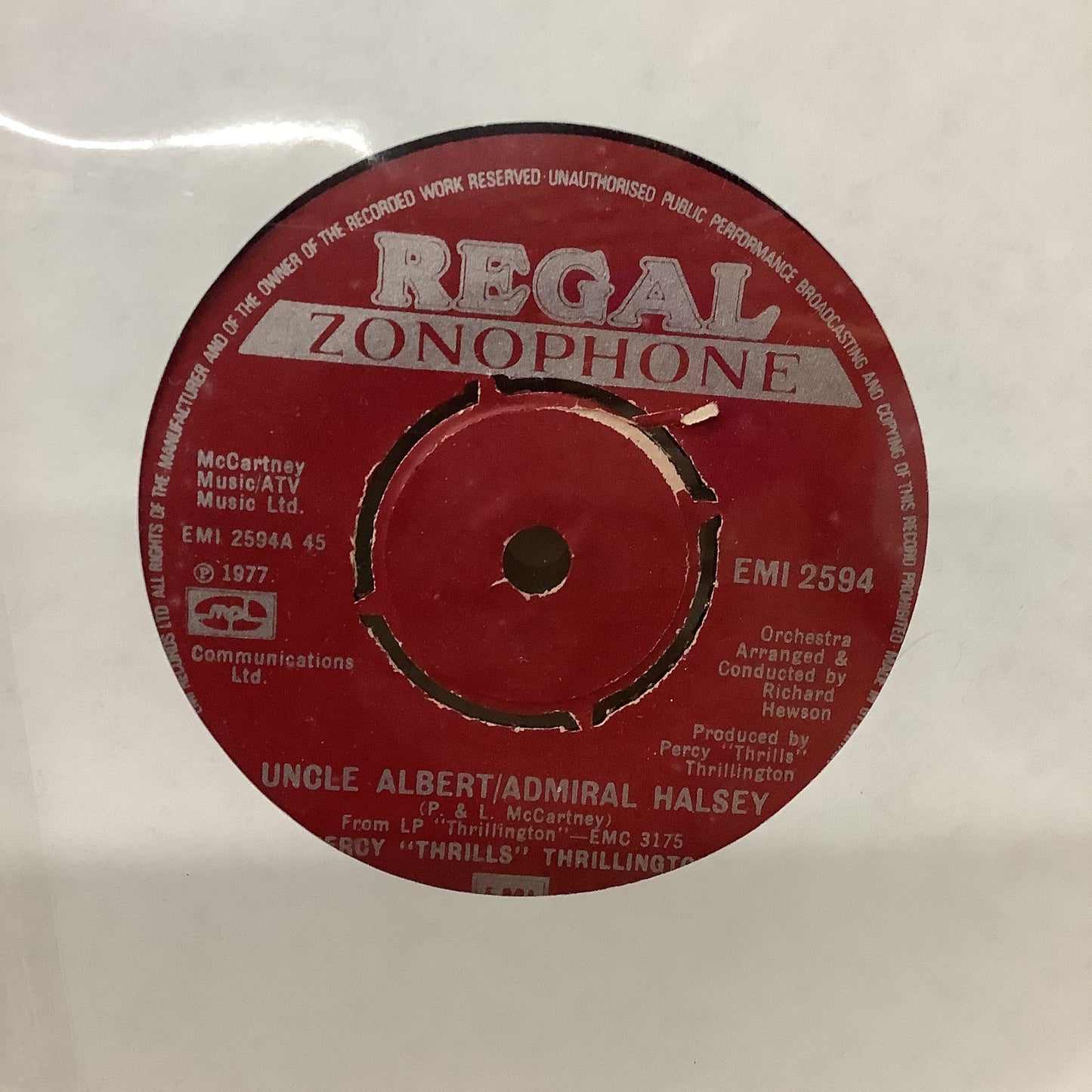 Paul McCartney as Percy "Thrills" Thrillington - Eat At Home b/w Uncle Albert/Admiral Halsey - Regal Zonophone Promo 7" Vinyl Record Hub