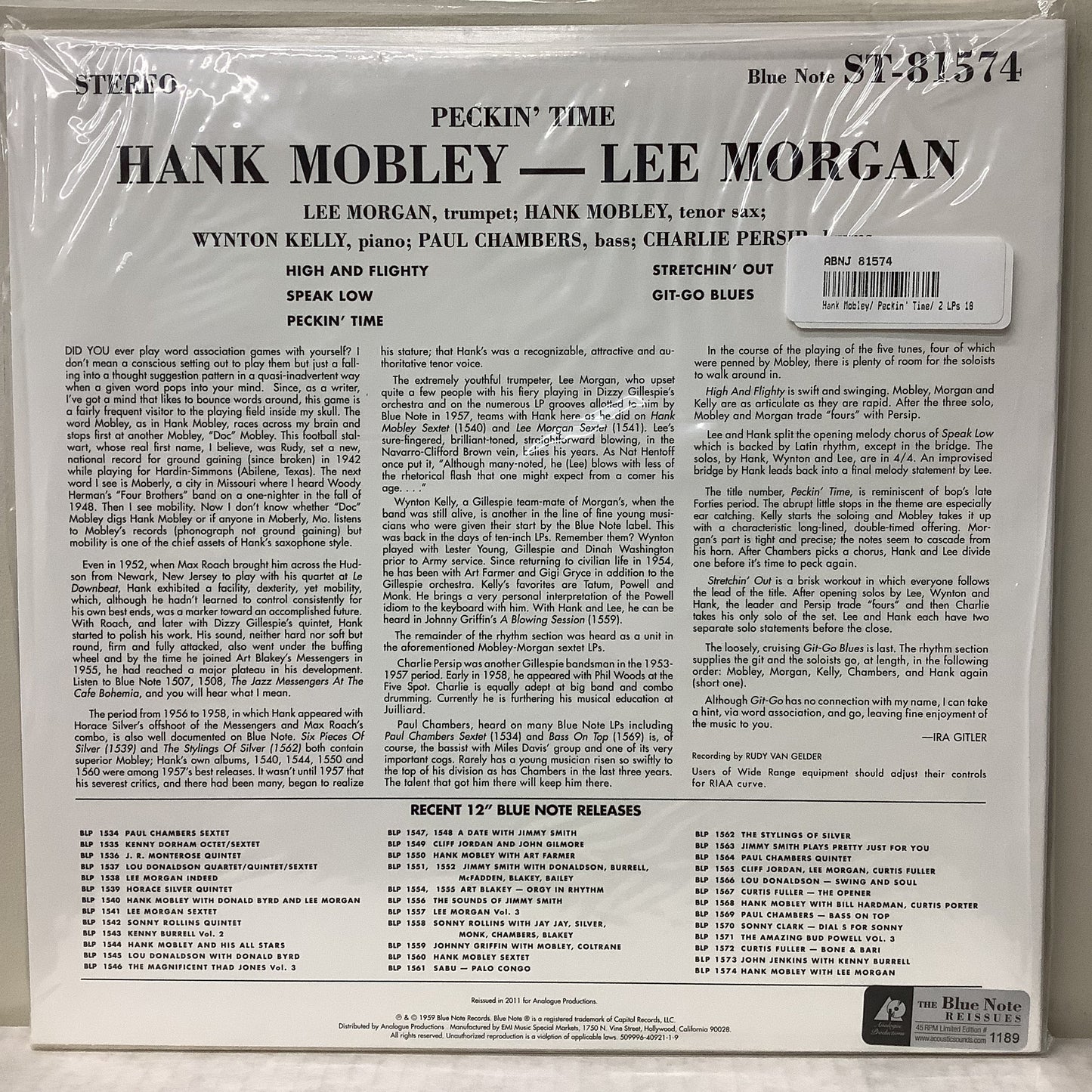 Hank Mobley/Lee Morgan - Peckin' Time - Analogue Productions 45RPM 2x LP Vinyl Record Hub