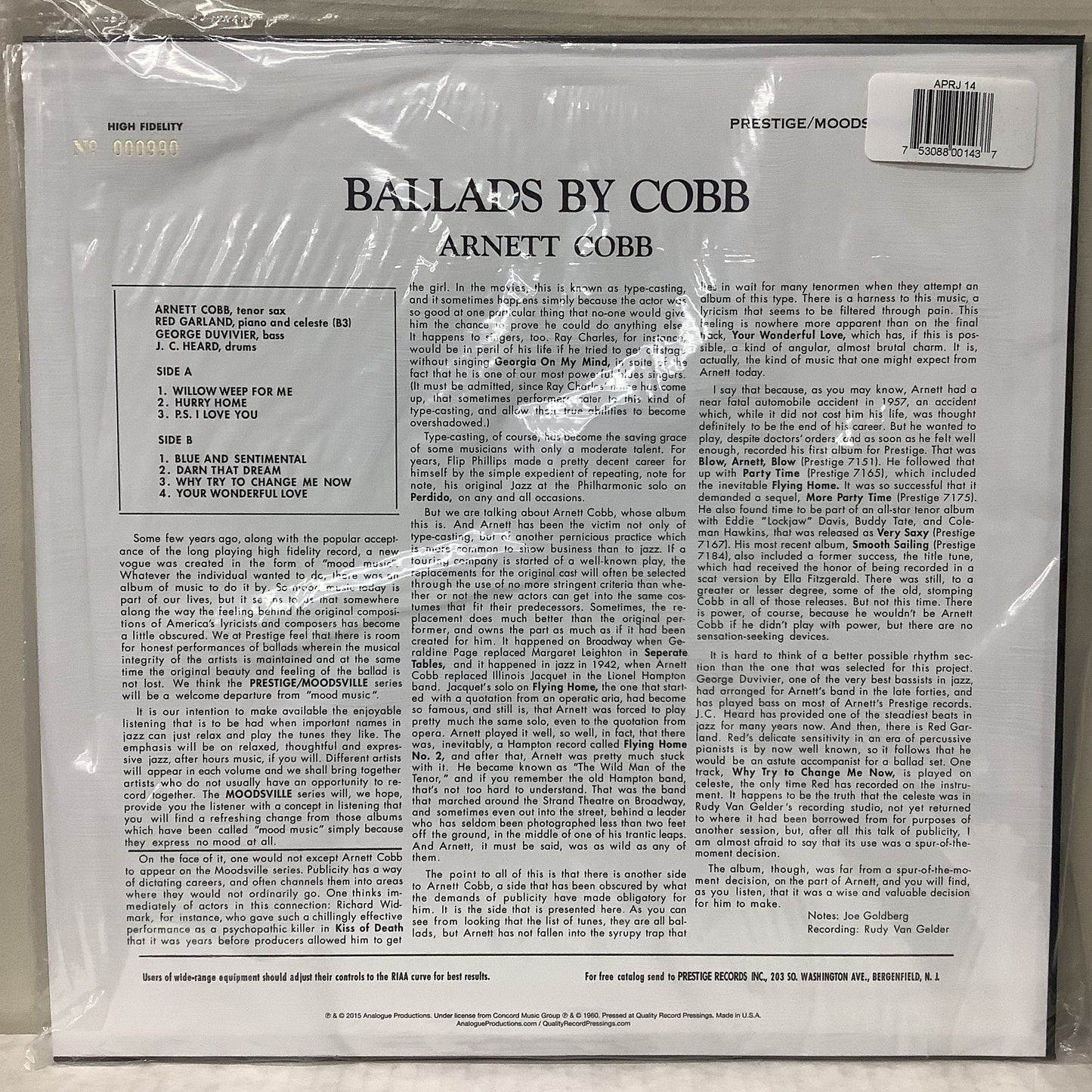 Arnett Cobb - Ballads By Cobb - Analogue Productions (2015) LP Vinyl Record Hub
