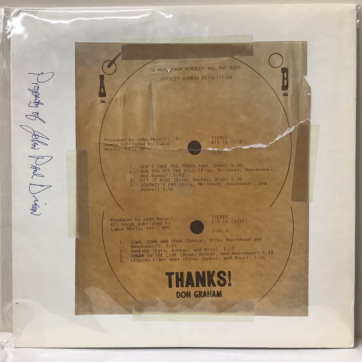 Aynsley Dunbar Retaliation - To Mum from Aynsley and the Boys - Test Pressing LP Vinyl Record Hub