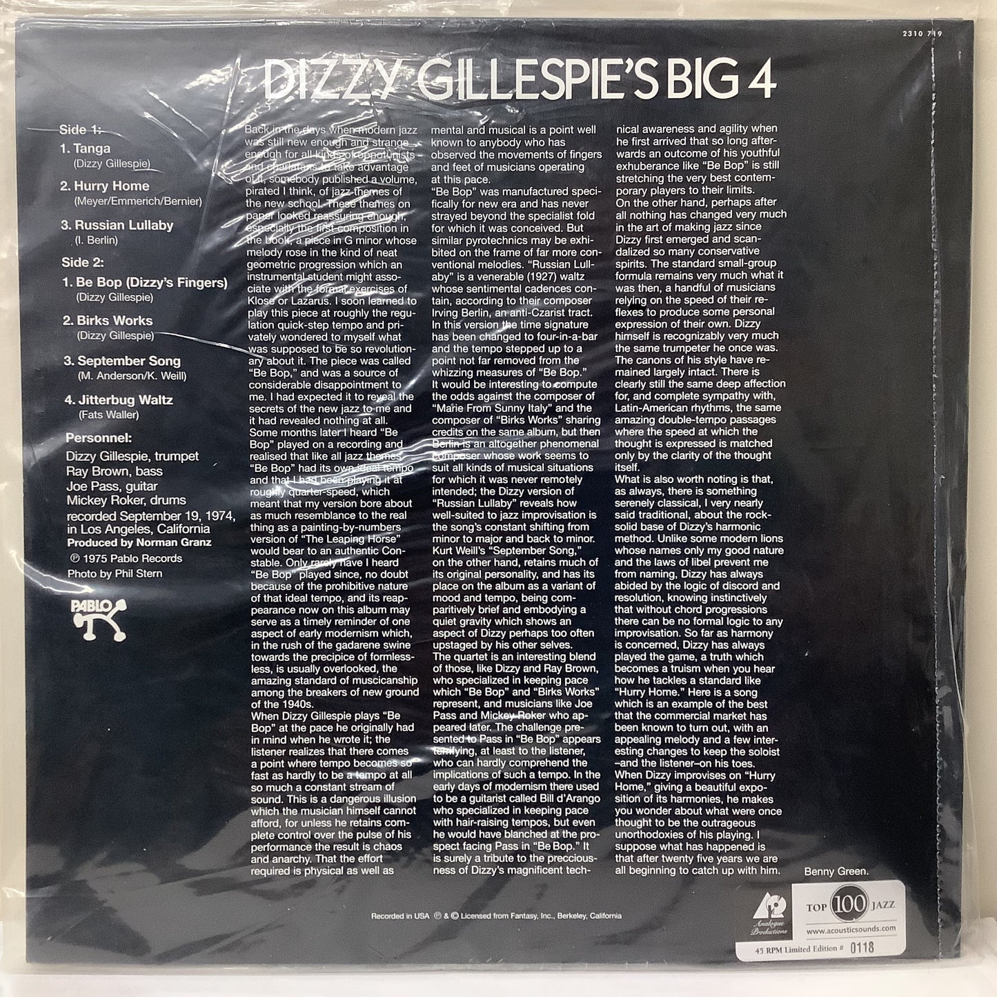 Dizzy Gillespie - Dizzy Gillespie's Big 4 - Analogue Productions 45RPM 2x LP Vinyl Record Hub