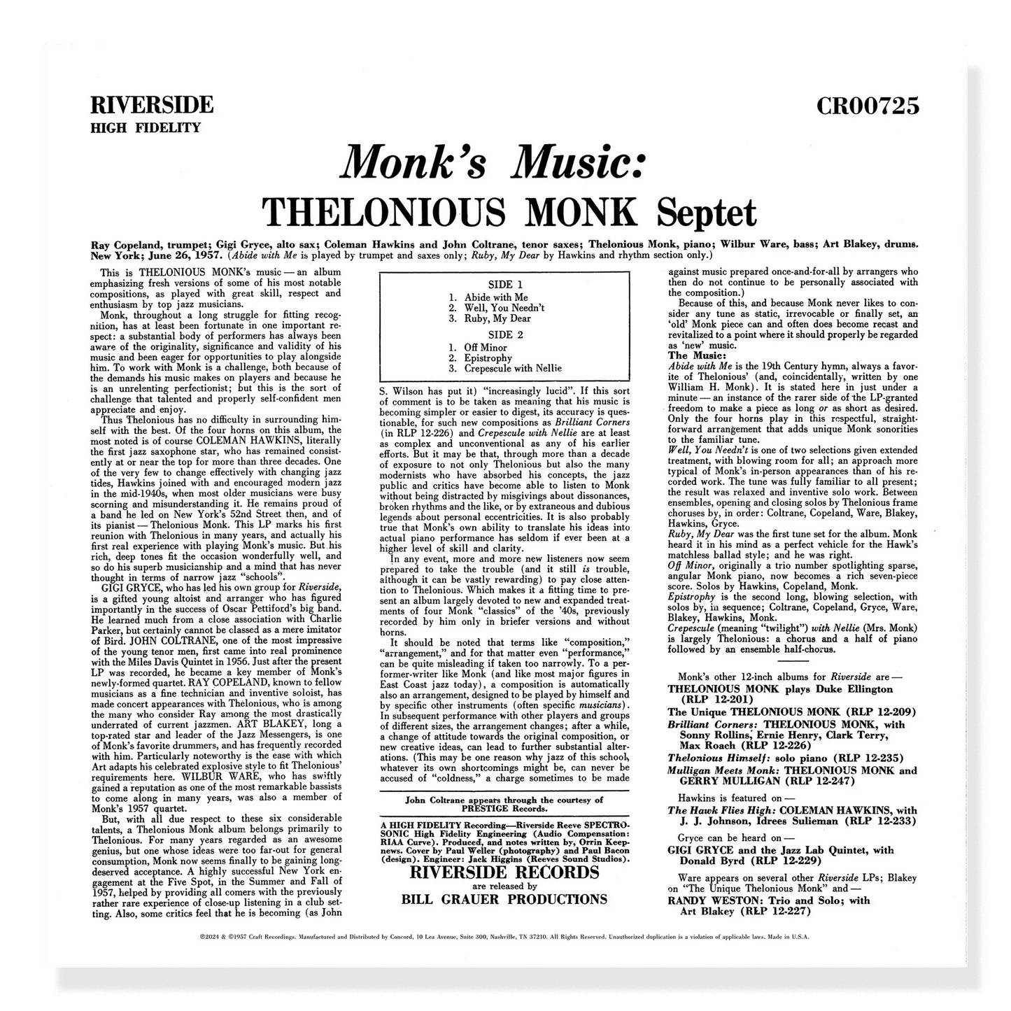 Thelonious Monk - Monk's Music - OJC LP Vinyl Record Hub