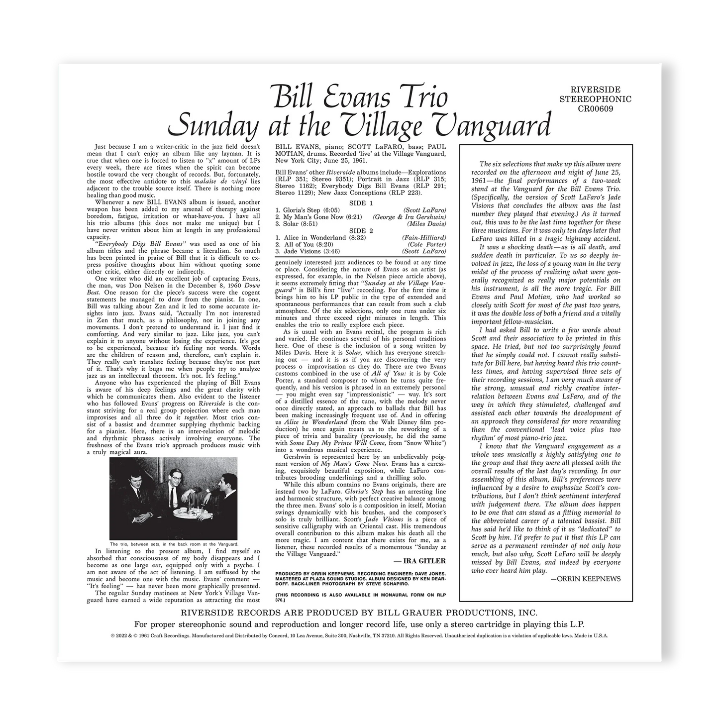 Bill Evans Trio - Sunday at the Village Vanguard - OJC LP Vinyl Record Hub